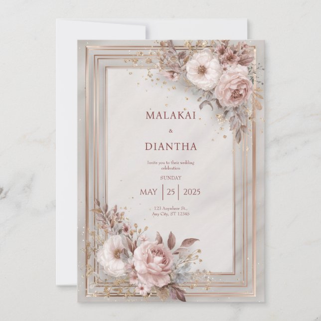 Convite Blush Rosa e Dourado casamento de quadros (Frente)