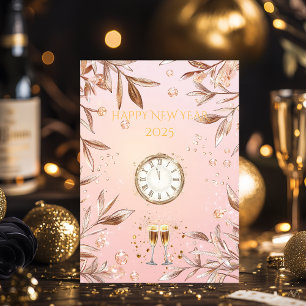 Convite Blush Rosa e Dourado Champanhe Réveillon