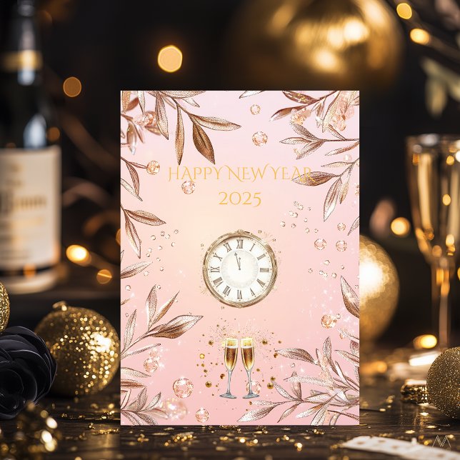 Convite Blush Rosa e Dourado Champanhe Réveillon (Criador carregado)