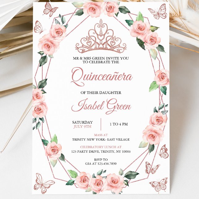 Convite Blush Rosa e Dourado Quinceañera (Criador carregado)