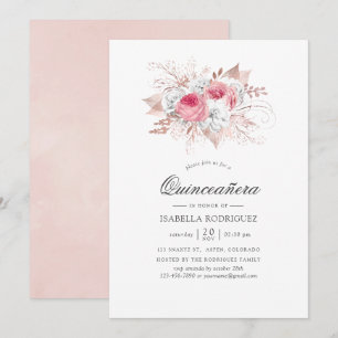 Convite Blush Rosa e Dourado Rosa Floral Quinceañera