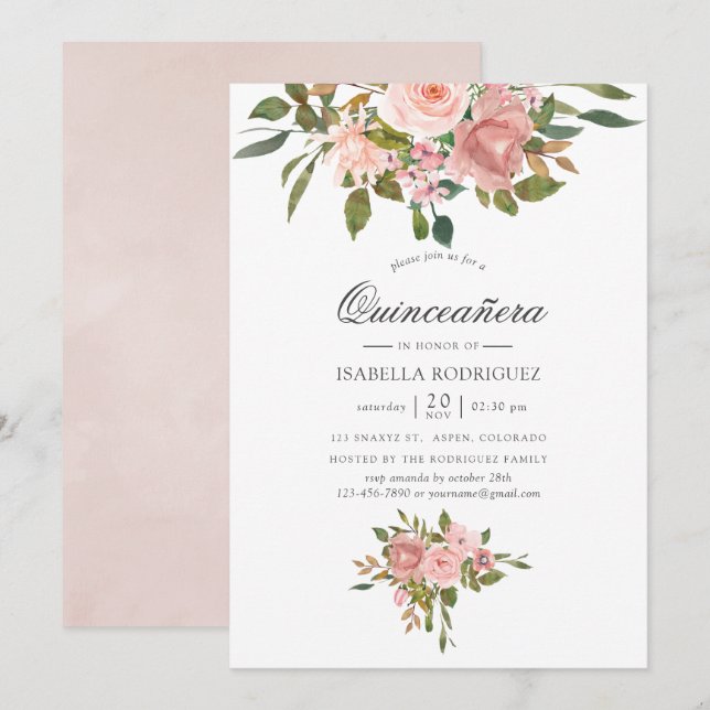 Convite Blush Rosa e Dourado Rosa Quinceañera (Frente/Verso)