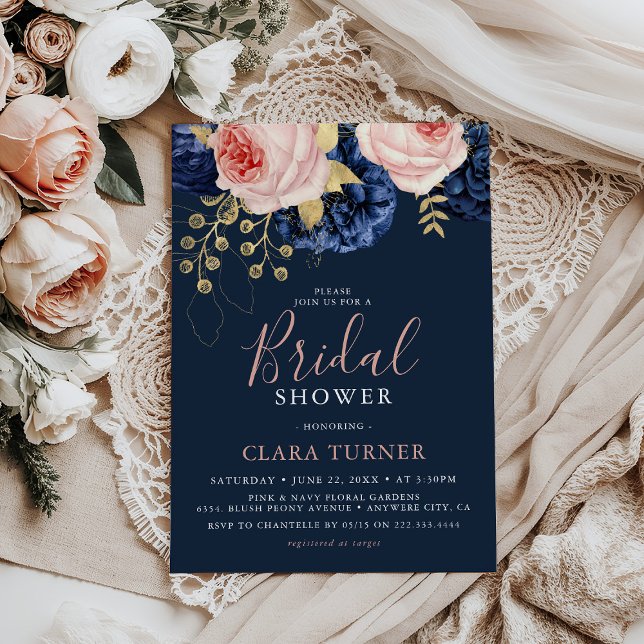 Convite Blush Rosa e Florais Azul Meia-Noite Chá de Noiva (Criador carregado)