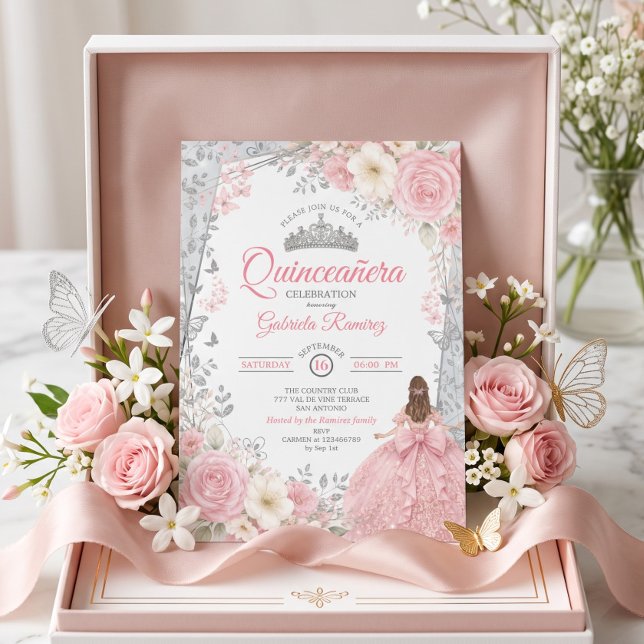 Convite Blush Rosa e Sage Aquarela Prata Quinceañera  (Criador carregado)