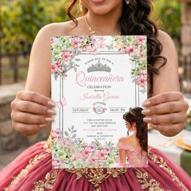 Convite Blush Rosa e Verde Floral Borboleta Quinceañera (Criador carregado)