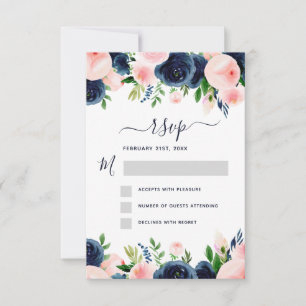Convite Blush Rosa Floral Aquarela Navy Azul RSVP