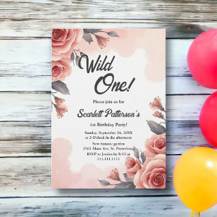 Convite Blush Rosa Floral Aquarela Wild One Aniversário de