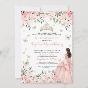 Convite Blush Rosa Floral Borboleta Dourada Quinceanera