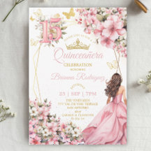 Blush Rosa Floral Borboletas Douradas Quinceañera