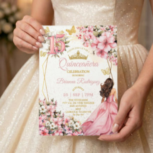 Convite Blush Rosa Floral Borboletas Douradas Quinceañera
