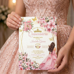 Convite Blush Rosa Floral Borboletas Douradas Quinceañera