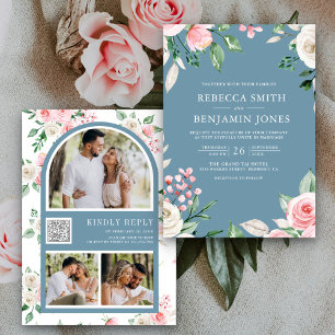 Convite Blush Rosa Floral Código QR Casamento Dusty Azul