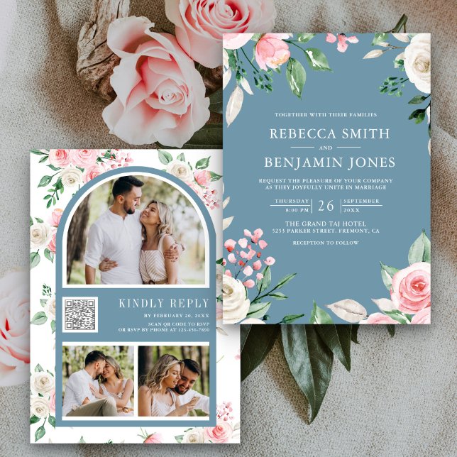 Convite Blush Rosa Floral Código QR Casamento Dusty Azul (Criador carregado)
