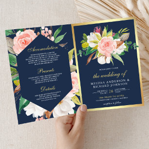 Convite Blush Rosa Floral Dourado Azul Marinho Código QR C