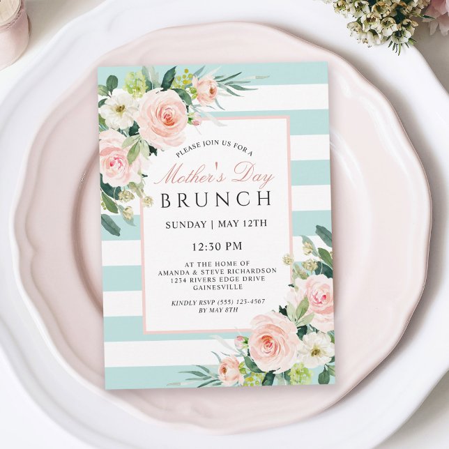Convite Blush Rosa Floral e Dia de as mães Stripes Brunch (Available in both printed and instant download digital formats.)