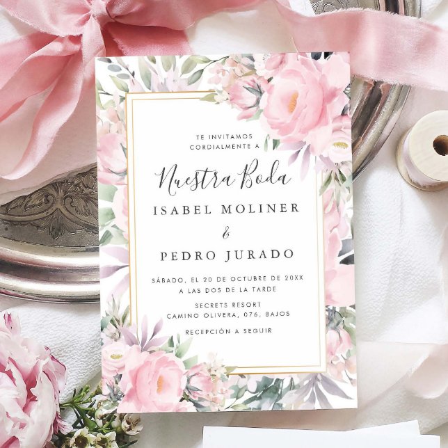 Convite Blush Rosa Floral Nuestra Boda Casamento espanhol (Criador carregado)