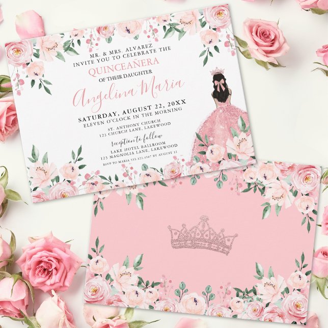 Convite Blush Rosa Floral Quinceanera (Blush Pink Floral Quinceanera Invitation)