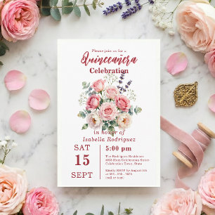Convite Blush Rosa Floral Quinceañera em Aquarela