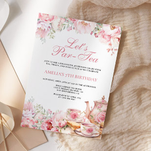 Convite Blush Rosa Floral Vamos Fazer Chá Aniversário