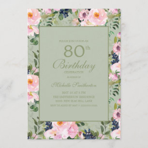 Convite Blush Rosa Floral Verde Menta 80º Aniversário