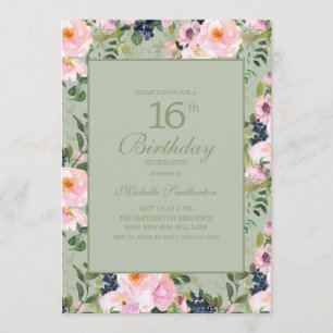 Convite Blush Rosa Floral Verde Menta Aniversário de 16 an