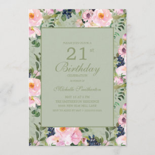 Convite Blush Rosa Floral Verde Menta Aniversário de 21 an