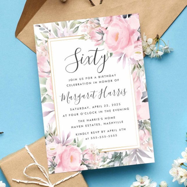 Convite Blush Rosa Frame Dourado Floral 60º Sessenta Anive (Criador carregado)