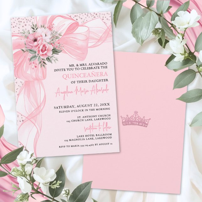 Convite Blush Rosa Laço de Quinze Anos (Blush Pink Bow Quinceanera Invitation)