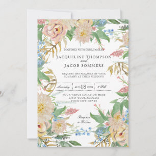 Convite Blush Rosa Mãe Dourado Foliage Floral Watercolor A