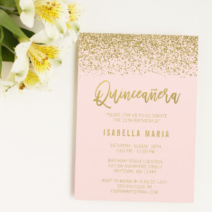 Convite Blush Rosa Moderno Brilho de Faux Dourado Quincean
