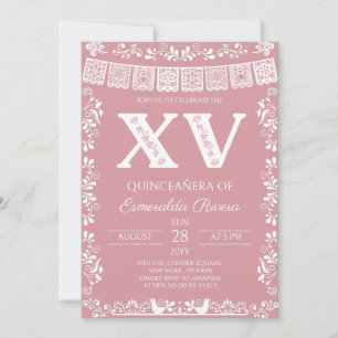Convite Blush Rosa Papel Picado Quinceañera XV Aniversário