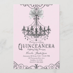 Convite Blush Rosa Prata Branco Laço Quinceañera 15 15º