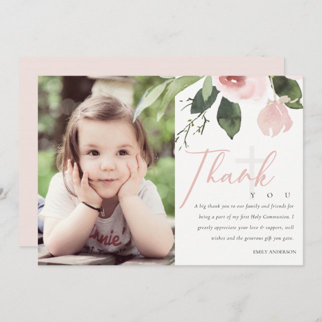 CONVITE BLUSH ROSA PRIMEIRA COMUNICAÇÃO HOLY OBRIGADO FOTO (Frente/Verso)