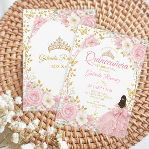 Convite Blush Rosa Quinceañera Borboletas Douradas