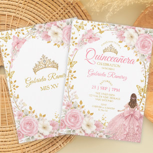 Convite Blush Rosa Quinceañera Borboletas Douradas