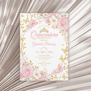 Convite Blush Rosa Quinceañera Borboletas Douradas Rosas