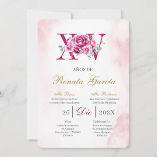Convite Blush rosa quinceañera com rosa