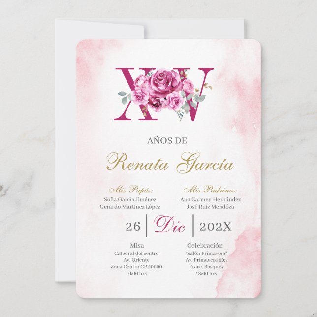 Convite Blush rosa quinceañera com rosa (Frente)