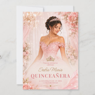 Convite Blush Rosa Quinceañera Princesa 15º Aniversário