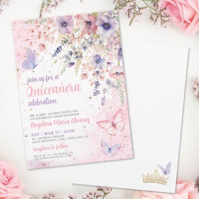 Convite Blush Rosa Roxo Floral Borboleta Quinceanera (Blush Pink Purple Floral Butterfly Quinceanera Invitation)