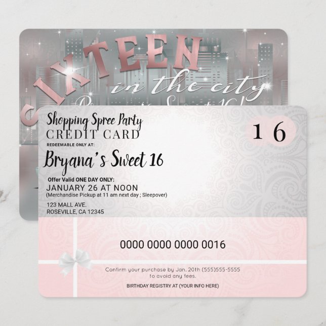 Convite Blush Rosa Surto de Compras Limusine da Cidade Doc (Frente/Verso)