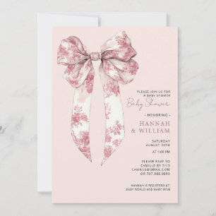 Convite Blush Rosa Toile Coquete Fita Menina Chá de Bebê