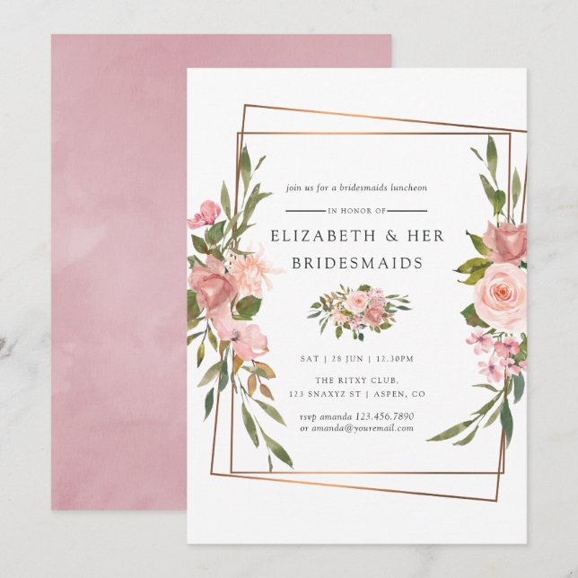 Convite Blush Rosas Geométricas Douradas Jantar das Damas  (Frente/Verso)