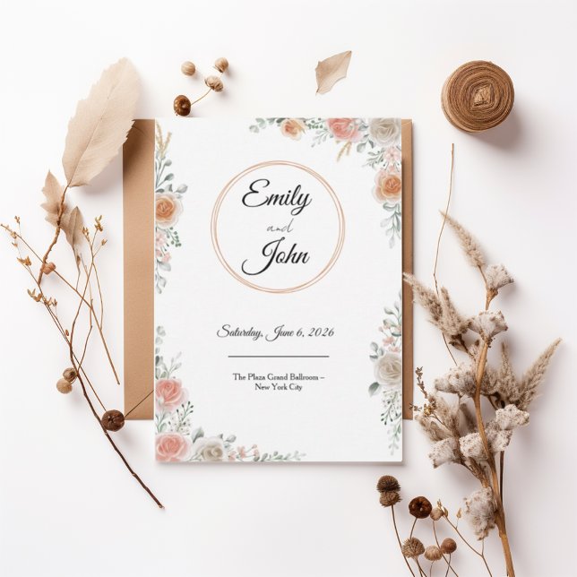 Convite Blush Rose Floral Frame Elegant Wedding Invitation (Criador carregado)