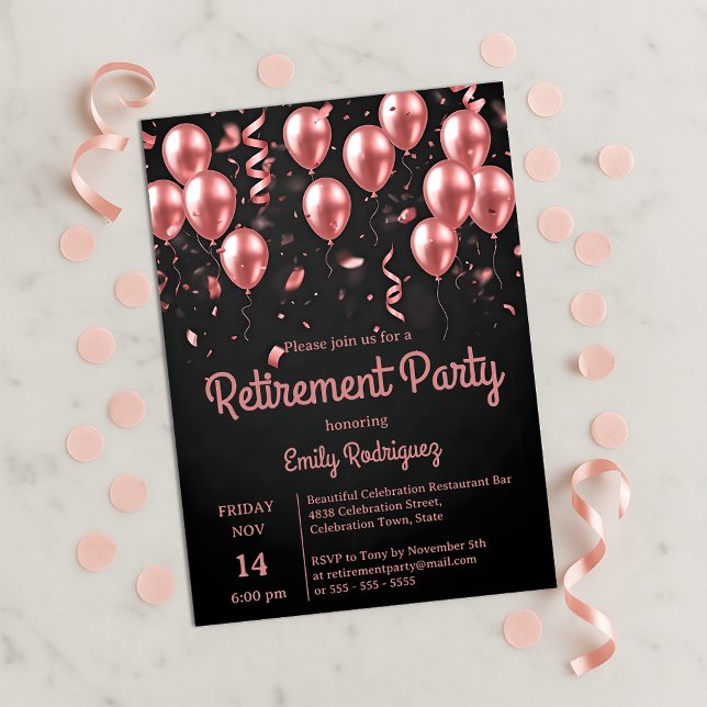Convite Blush Rose Gold Balloons Confetti Retirement Party (Criador carregado)