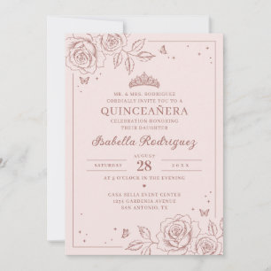 Convite Blush Rose Gold Floral Quinceañera