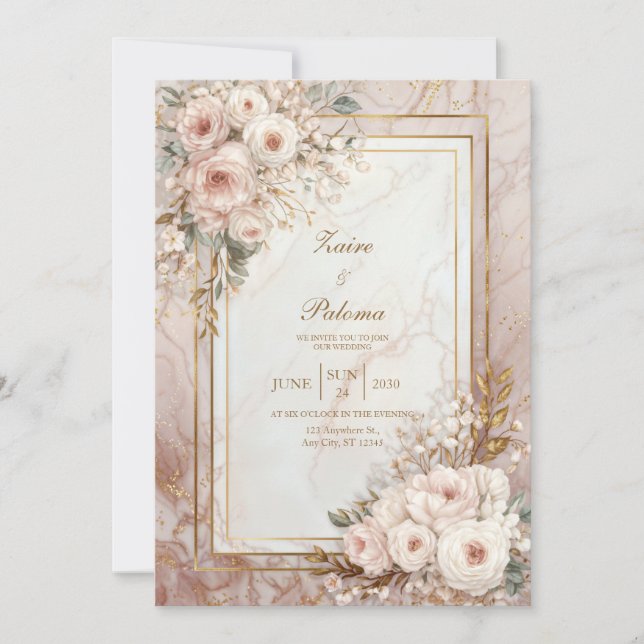 Convite Blush Rose Marble Gilded Frame Wedding (Frente)