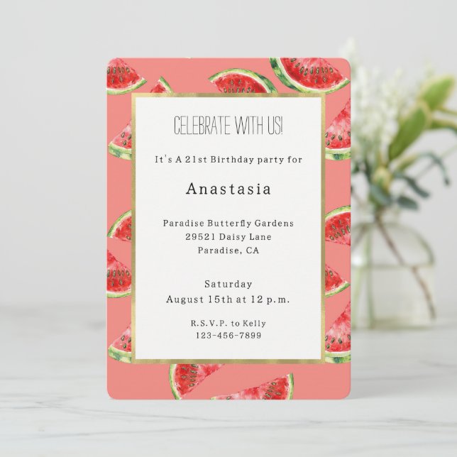 Convite Blush Rose Red Green Watermelons Birthday (Em pé/Frente)