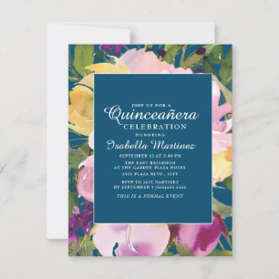 Convite Blush Roxo Amarelo Floral Azul Marinho Quinceañera