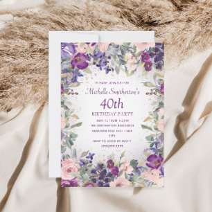 Convite Blush Roxo Floral Folhagem Aniversário de 40 anos